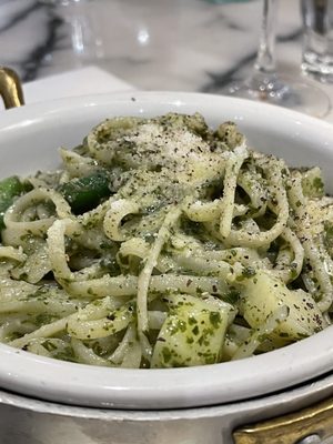 Pesto trenette with asparagus and string beans. Good if you are craving pesto.