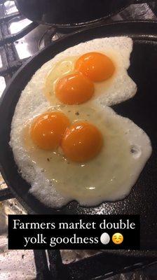 Cracked open 2 eggs with twin yolks in each!  Beautiful