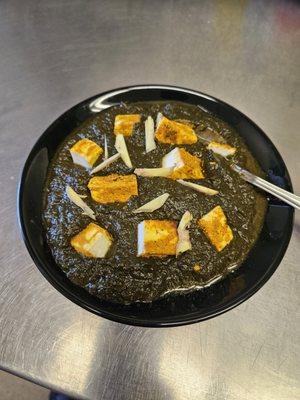 Palak paneer. Local spinach pureed and lightly spiced.