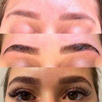 Brow lamination. before / after / one week after