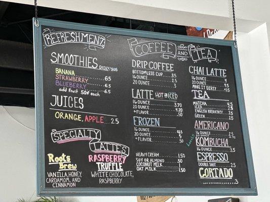 Drink menu with plenty of daily specials.  They use PT's Coffee