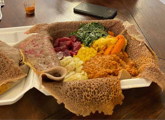 Vegan Platter. Served on injera and comes with extra. Delicious!