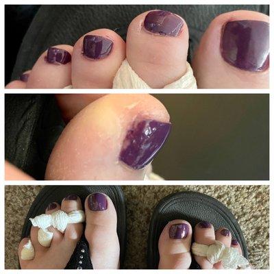 Cuticles not addressed, polish on skin and cuticles, gaps in polish, and poor application