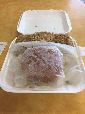 Cheeseburger and a side of fried rice for $6.50. Pretty big portion of rice, don't let the picture fool you.