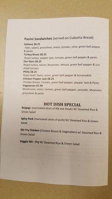 Menu: Panini sandwiches and Hot Dish Specials