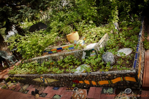 A sustainable garden surround by mosaic art.