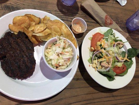 Hamburger steak (no gravy), Slaw, Pub Chips and Side Salad