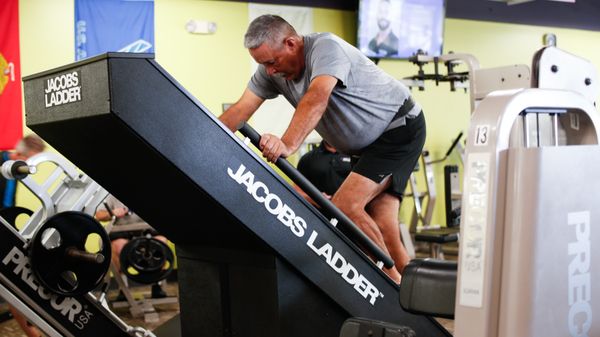 Jim is getting his cardio in climbing the Jacob's Ladder