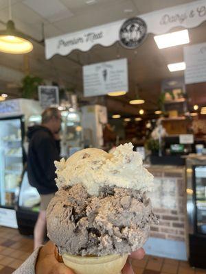 Butter pecan and cookies and cream in a cake cone