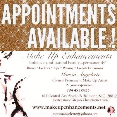 Call 704-451-0823 for a consult or appointment! FB @ www.facebook.com/makeupenhancements and on Instagram @makeupenhancements