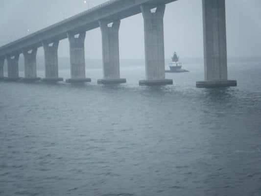 About to kayak under the Jamestown Bridge