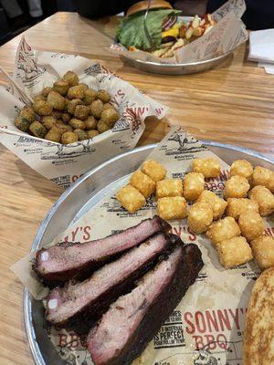 St. Louis Ribs w/2 sides: Fried okra & Tater tots with the garlic bread  Steak burger with crinkle fries