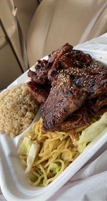 2 Items Bento Box Brown Rice, BQ Short ribs, Spicy Thai Chicken and noodles