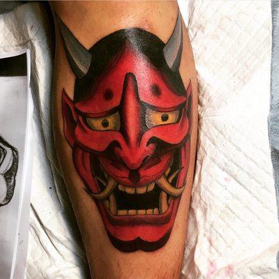 Full Color Japanese Hannya Mask on the shin by Eddie Radical