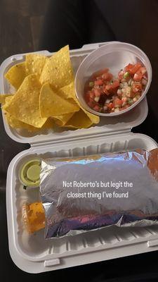 Birra burrito, salsa and chips that were still warm- Roberto's is a popular taco spot in Vegas lol