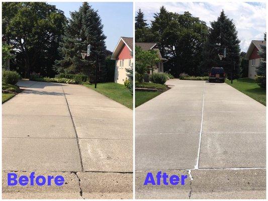 Power washed and caulked driveway before and after