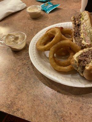 Black Meg Burger w/ onion rings and special sauce (fruit snacks from Black Meg also )