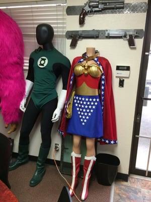 Green lantern and Wonder Woman made by Alex for WB, plus weapons made by Mike