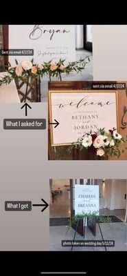 Florals for welcome sign: what i asked for vs what I got