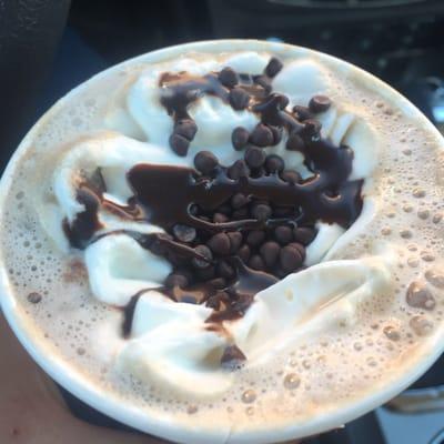 @sheetz tiny chocolate "barista" chips melting whip cream on frothed milk over hot chocolate. A small is less than $3 with loyalty card!