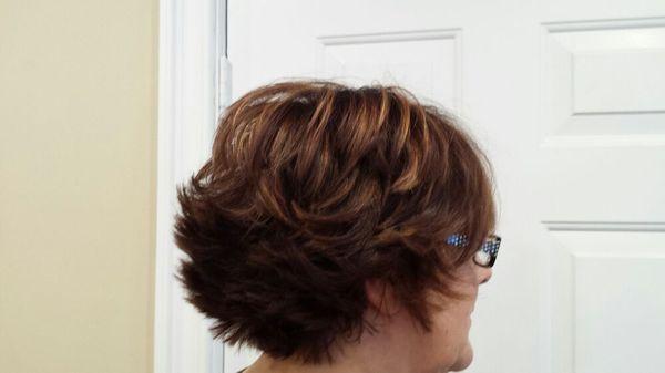 Short haircut with fresh color and caramel highlights