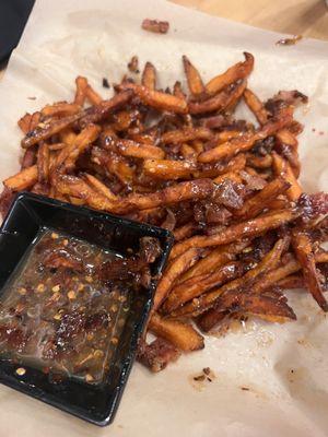 Sweet potato fries with bacon and caramel. One of our favorites!