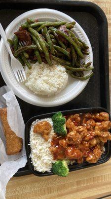 Orange chicken and fresh green bean and beef. Yum