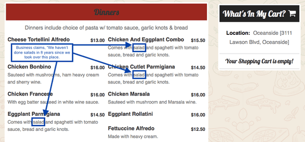 Bonbino's claims to NOT have salads (for eight years), yet my last order, on September 21, included salads.