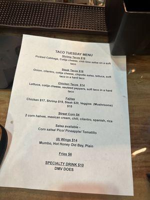 Taco Tuesday menu