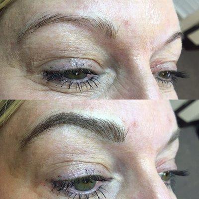 Before and after microblading, gave this client much more of an arch to help open up her eyes.