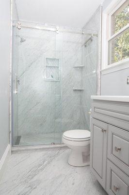 Lake Katherine Bathroom Remodel: White Carrera Marble Shower