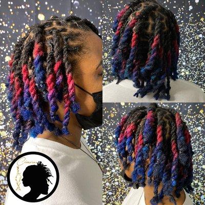 Loc Retwist with Custom Vivid Colors, Loc Sprinkles, and the 2-Strand Twist Hairstyle