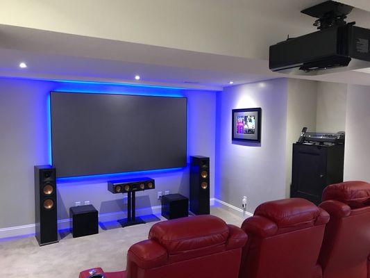 100" Screen Innovations Zero edge Black Diamond, JVC 4K projector, Klipsch Atmos.