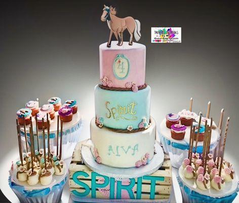 Spirit: Stallion of the Cimarron three tiers cake, cupcakes and cake pops