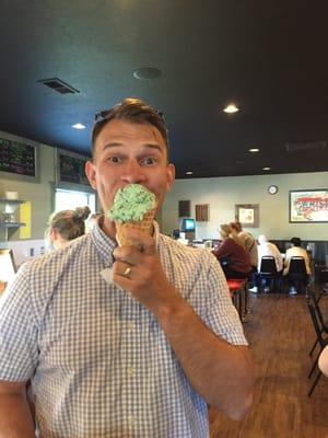 A Huge single scoop peppermint bonbon in a waffle cone!