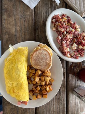 Ham & Cheese Omelette, Corned Beef Hash