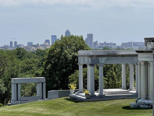 View from Crown Hill with the Riley tomb in the foreground in June 2022