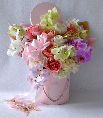 Happy Birthday Pastel Rose Orchid Hat Box Bouquet Designer's Choice