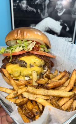 Turkey Bacon Double Cheeseburger with Hand Cut Fries