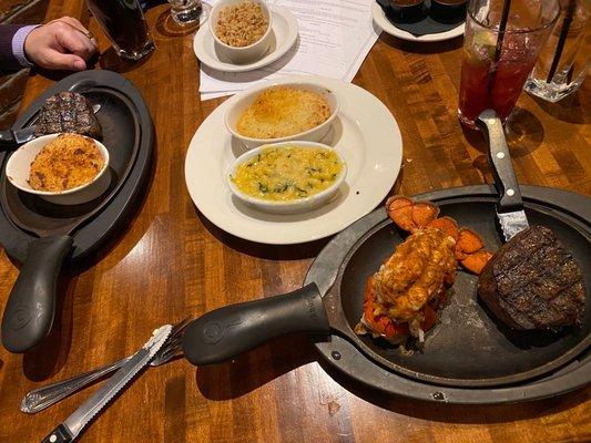 Steak and Lobster with Spinach Macaroni, Potatoes, and brown rice.