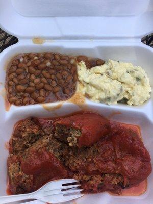 Meatloaf dinner with baked beans and potato salad ($5.25).