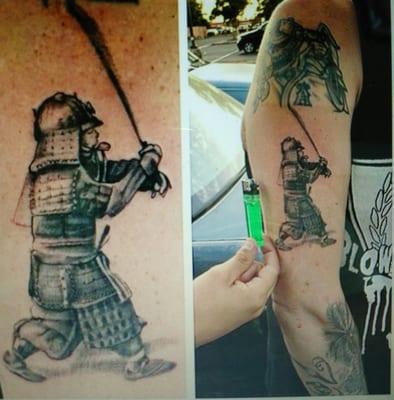 @tatted1515 getting down on a mini samurai. Good with color great with Black and grey