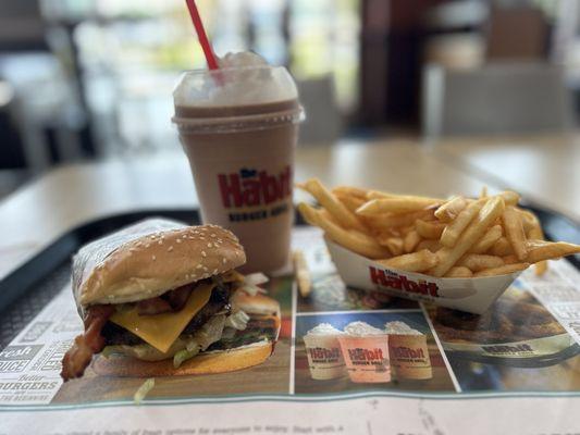 BBQ BACON CHAR BURGER, with fries and a chocolate milkshake