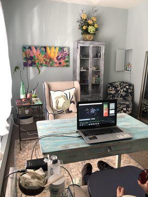 Clients sit in front of a computer with sensors lightly pasted to strategic places on their scalp.