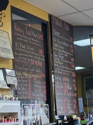 Menu of services and prices on 5/27/22