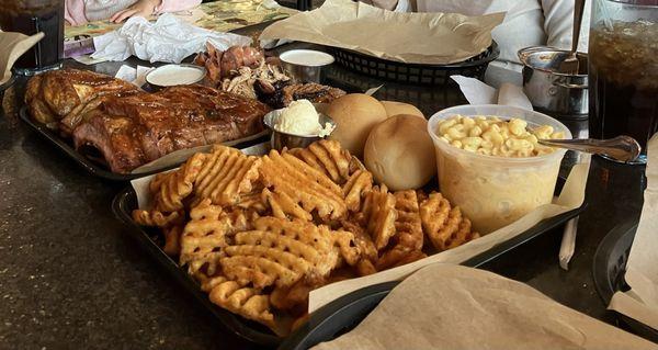 Smoked Sausage Platter Pulled Pork Platter Macaroni Salad Baked Beans Mac and Cheese