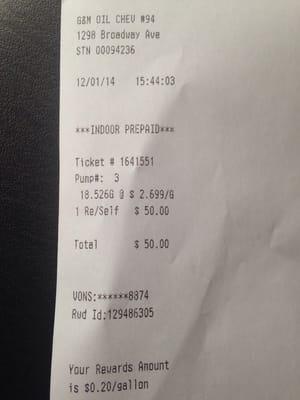I got, with my Von's Club Rewards card, over 1.25 gallons of gas free or saved myself about $4.87 for the same purchase w/o it.