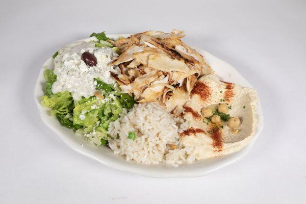 Chicken Shawarma Plate - Served with Feta cheese salad, hummus and rice.