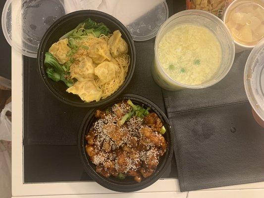 Clockwise from top left - Wonton Noodle Soup (soup was packed separately), Shrimp with Lobster Sauce and Sesame Chicken