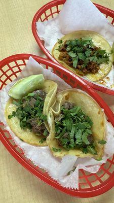 Lengua tacos and al pastor taco in the back (no onion)